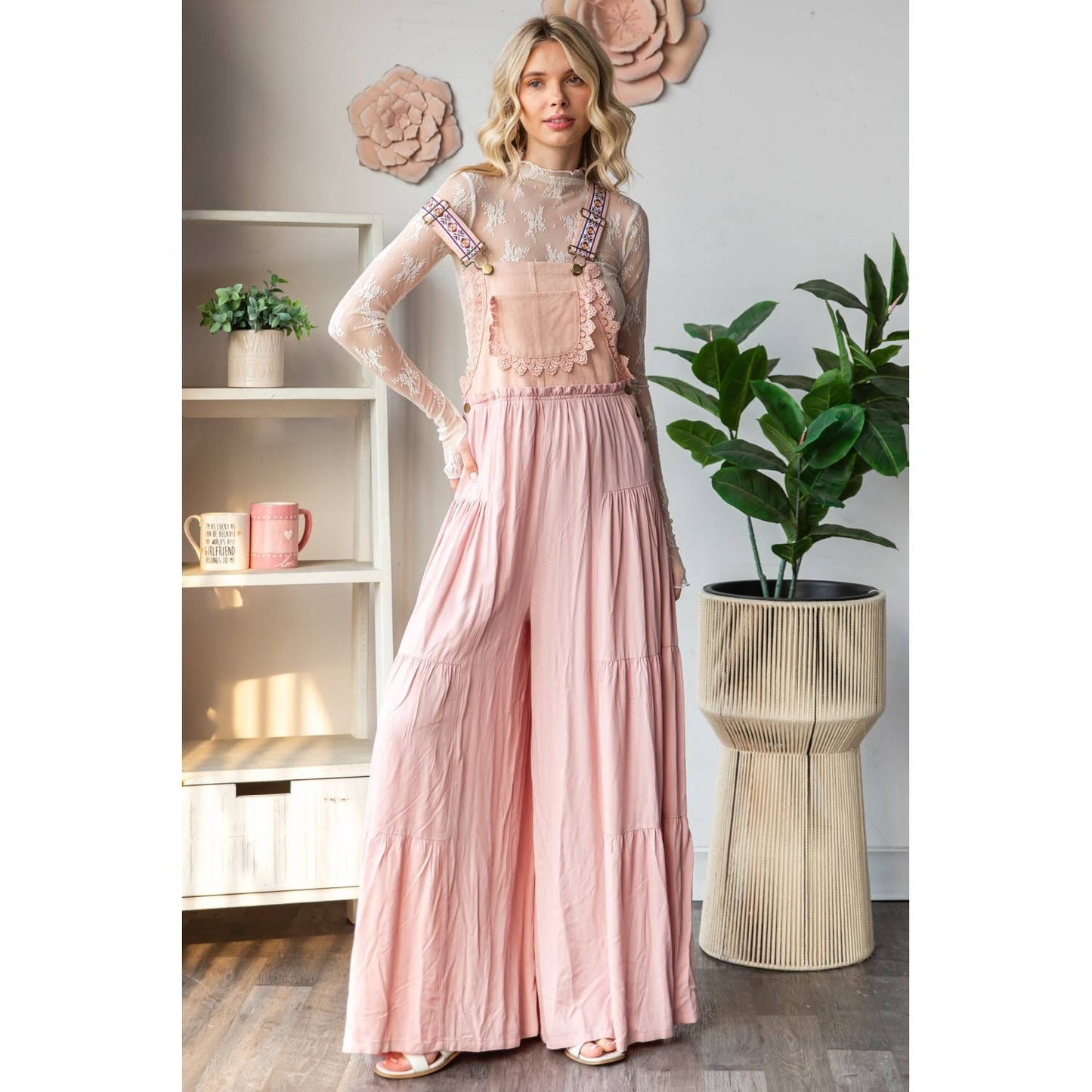 Embroidered Strap Flowy Jumpsuit: Black / S