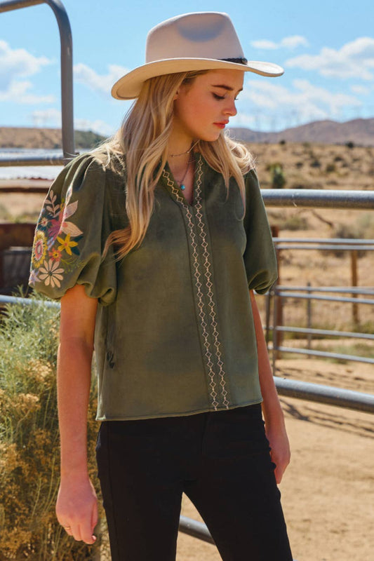 Faux Suede Puff Sleeve Top: Olive / L