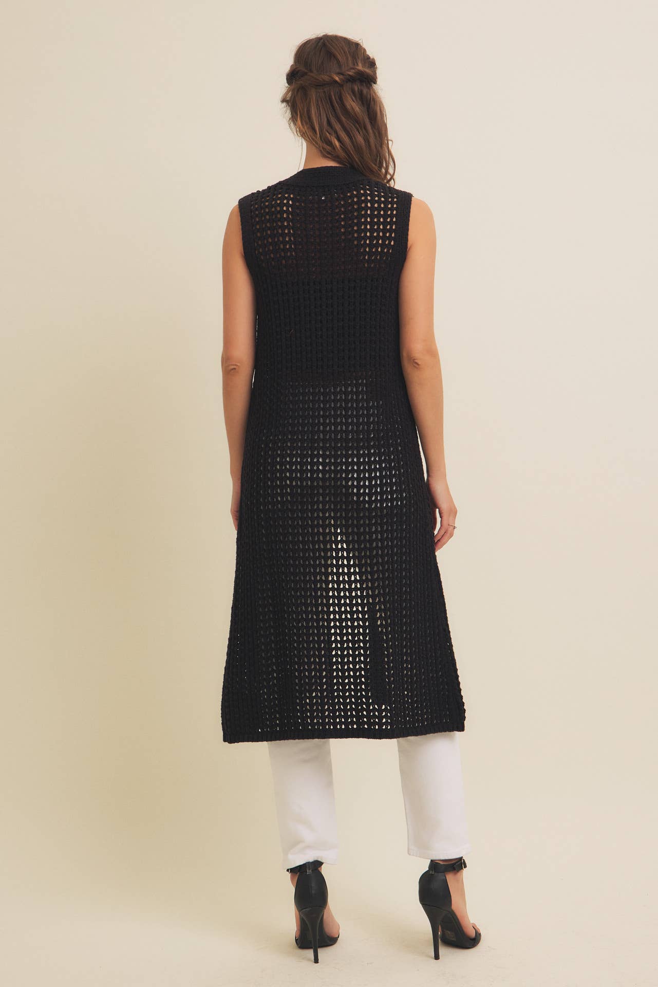 BUTTON-DOWN OPEN KNIT SLEEVELESS MIDI SWEATER CARDIGAN