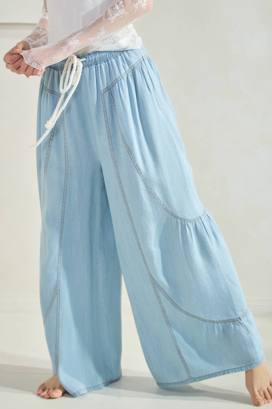 Chambray Denim Wide Palazzo Pants: Washed Dark Chambray / S