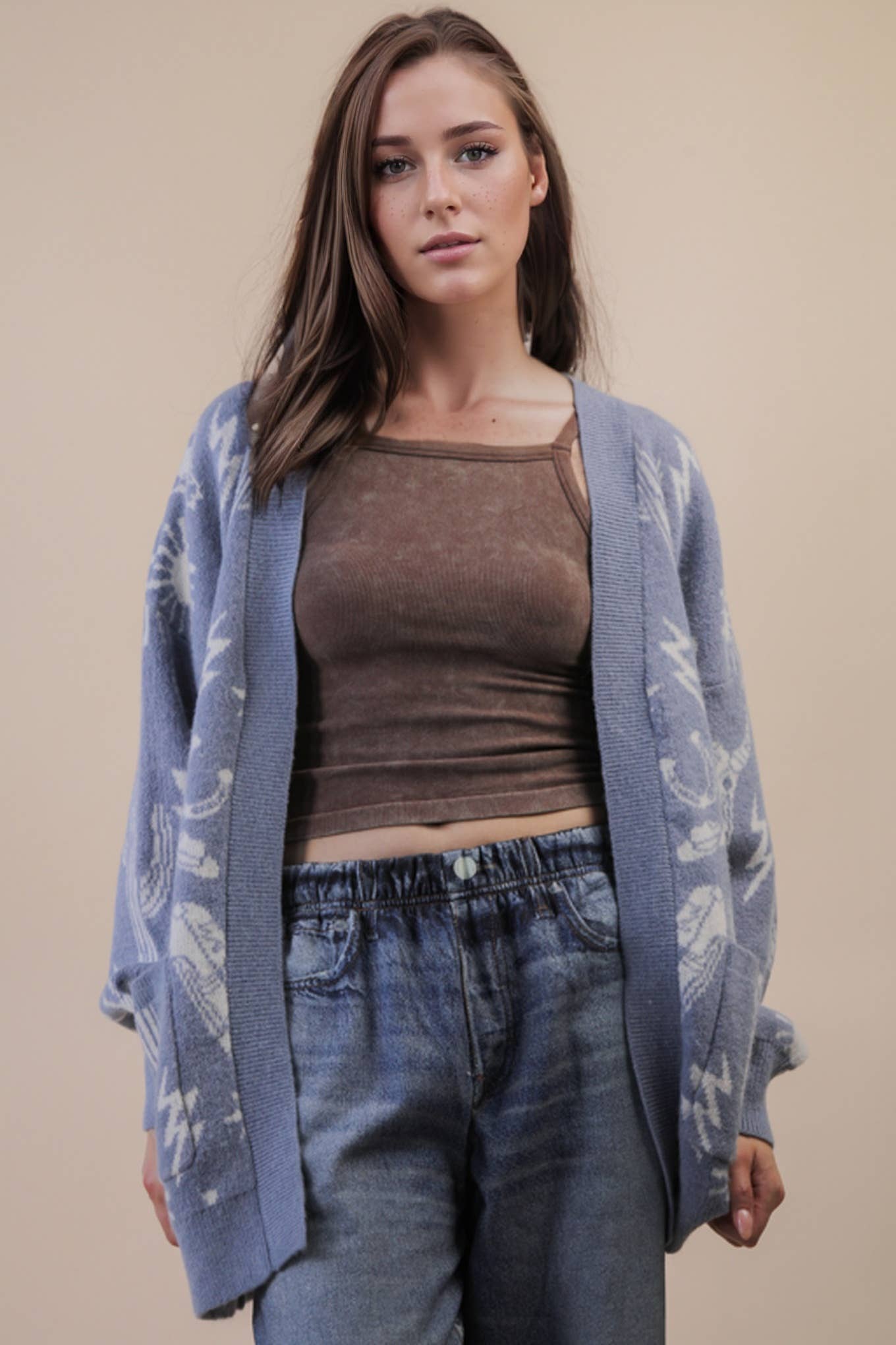 12W3393N-Oversized Western Graphic Knit Sweater Cardigan