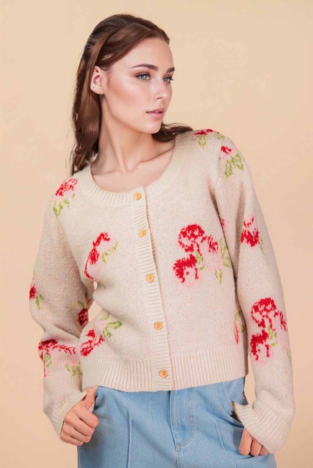 12W3475N-Print & Solid Soft Knit Sweater Cardigan