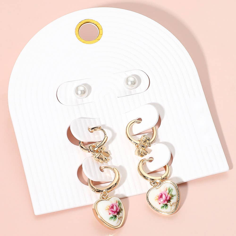 3Pairs - Pearl Stud Metal Bow Dangle Floral Ceramic Heart Dangle Earring Set: Gold,Pink