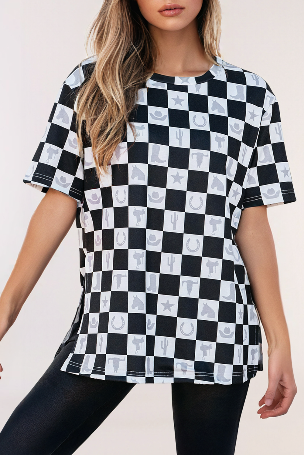 Western Fashion Checkerboard Print Side Split T Shirt