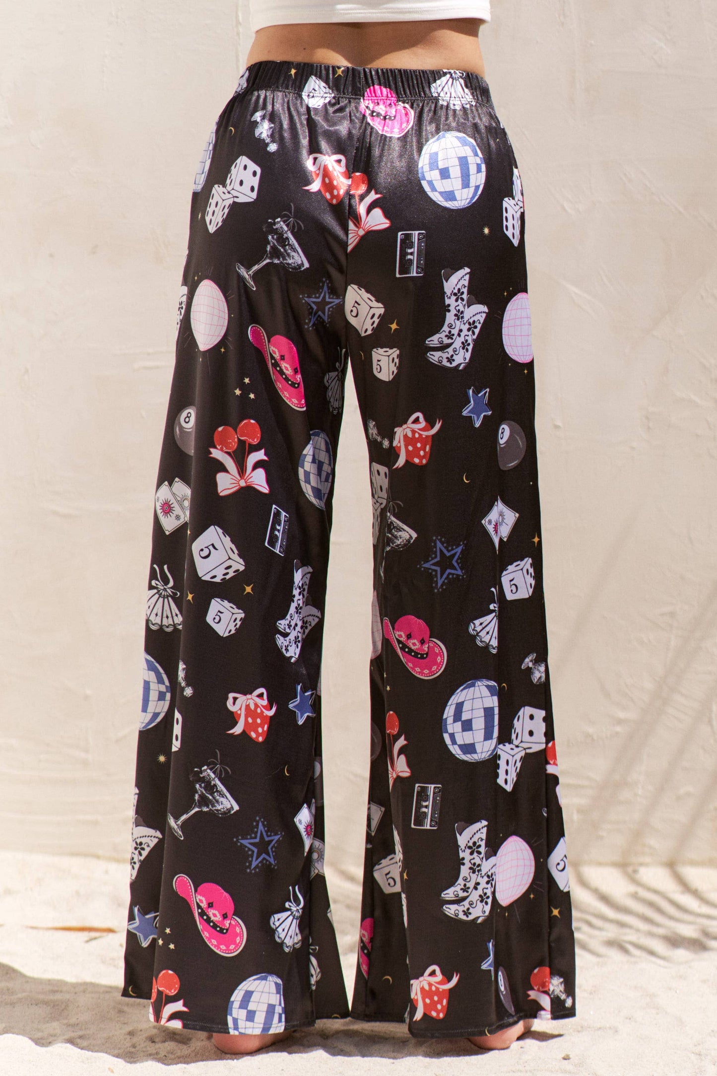 PARTY COLLAGE SATIN PANTS: Black / L