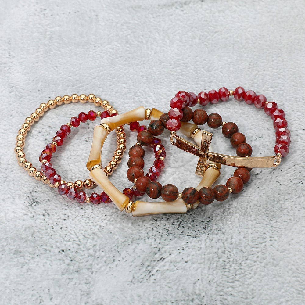 5PCS - Metal Cross Accent Resin Bamboo Bar Faceted Beaded Stretch Multi Layered Bracelets