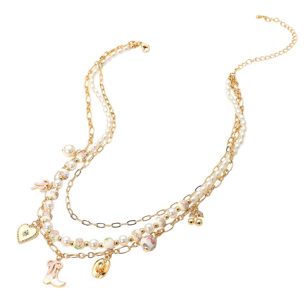 Western Cowboy Boot Hat Bow Cherry Heart Charm Station Pearl Floral Ceramic Ball Beaded Layered Necklace: Gold Green