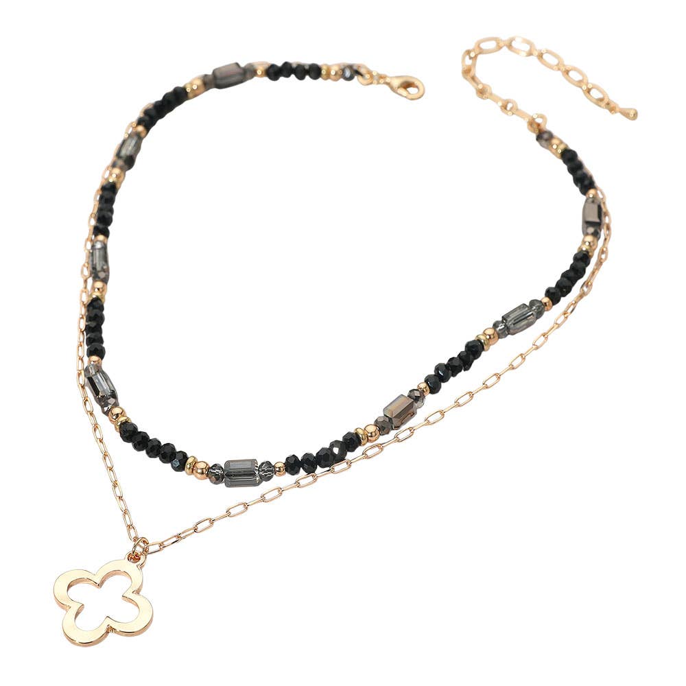 Metal Open Quatrefoil Pendant Faceted Beaded Layered Necklace