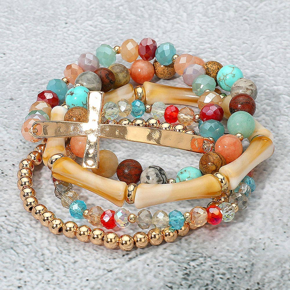 5PCS - Metal Cross Accent Resin Bamboo Bar Faceted Beaded Stretch Multi Layered Bracelets