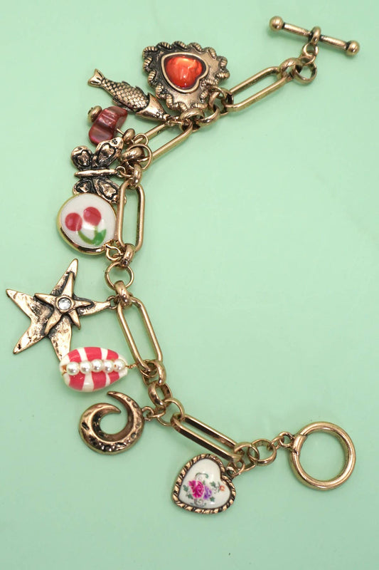 CHARM BRACELET PORCELAIN CHERRY FISH HEART CHERRY | 80B1359: BURNISHED GOLD