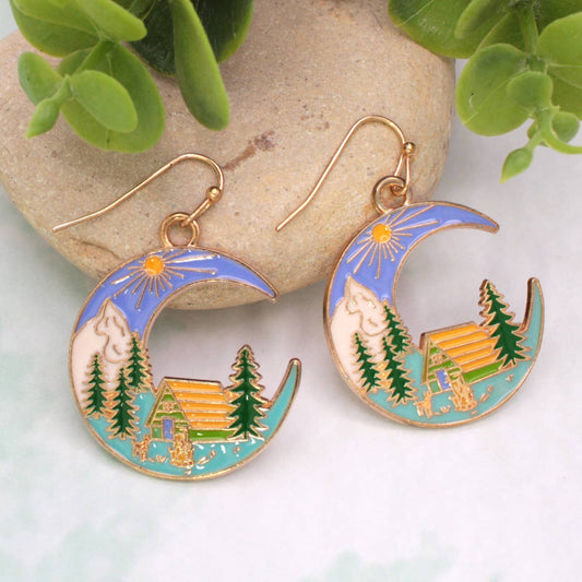 Cabin in the Wood Crescent Enamel Earrings