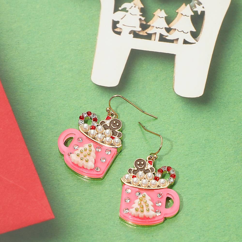Gingerbread Man Pearl Bubble Holiday Cocoa Mug Dangle Earrings: Pink