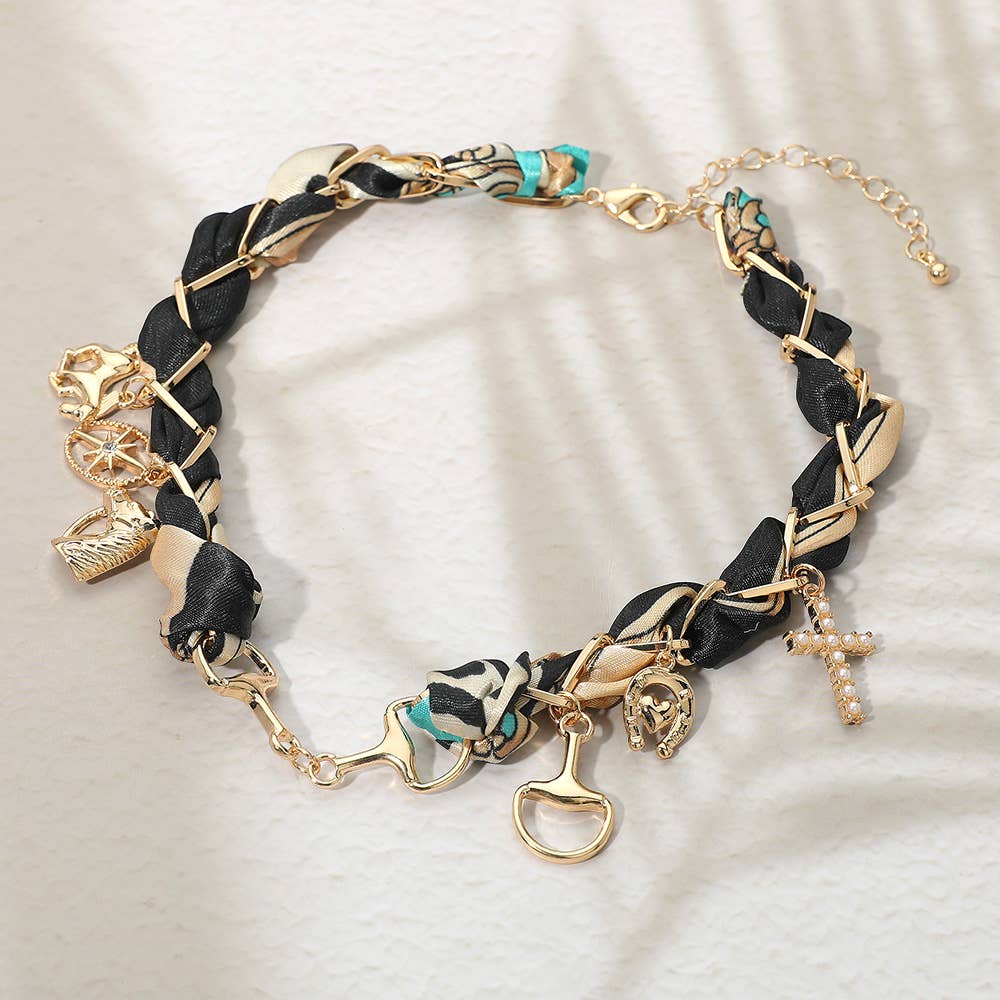 Horsebit Link Center Horse Horseshoe Pearl Cross Starburst Charm Station Fabric Necklace: Gold,Navy