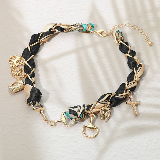 Horsebit Link Center Horse Horseshoe Pearl Cross Starburst Charm Station Fabric Necklace: Gold,Turquoise