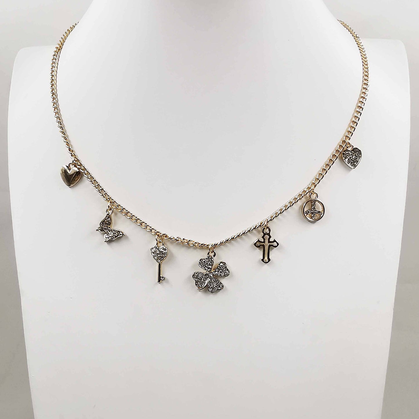Gold Dipped Clover Heart Cross Key Charm Station Necklace: Clear,Rhodium