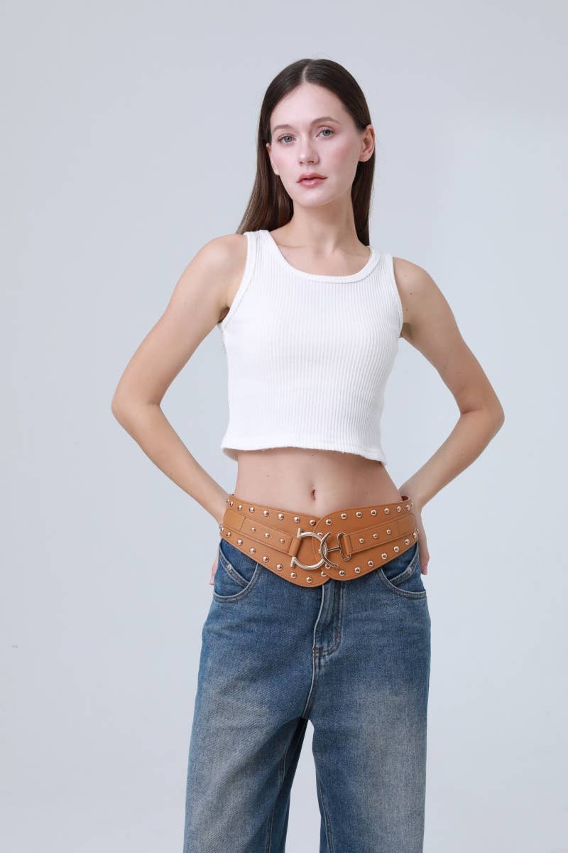 Bohemian Wide Leather Belt – Studded Ethnic Waist Cincher
