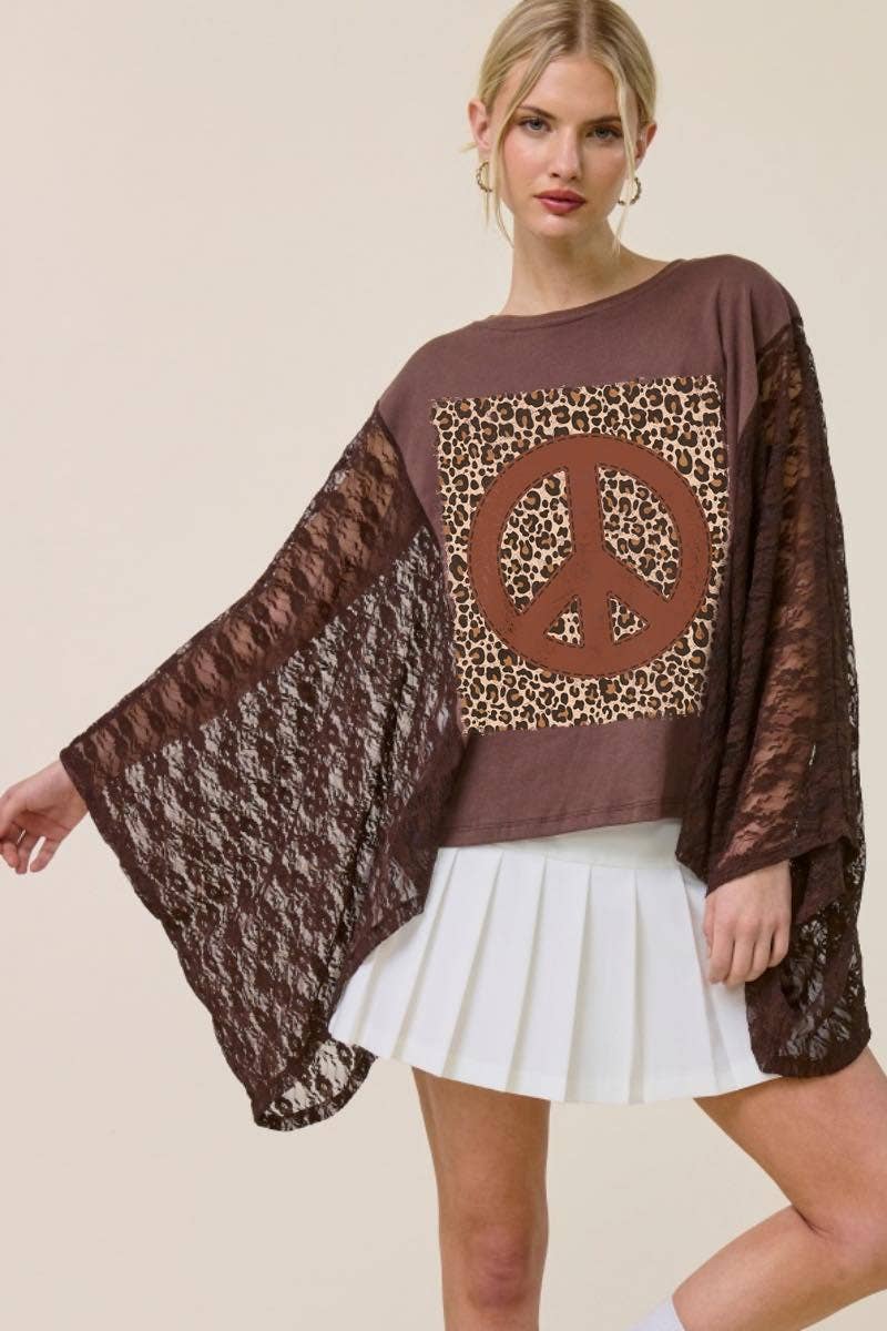 Leopard Peace Vintage Graphic Lace Wing Oversized Top