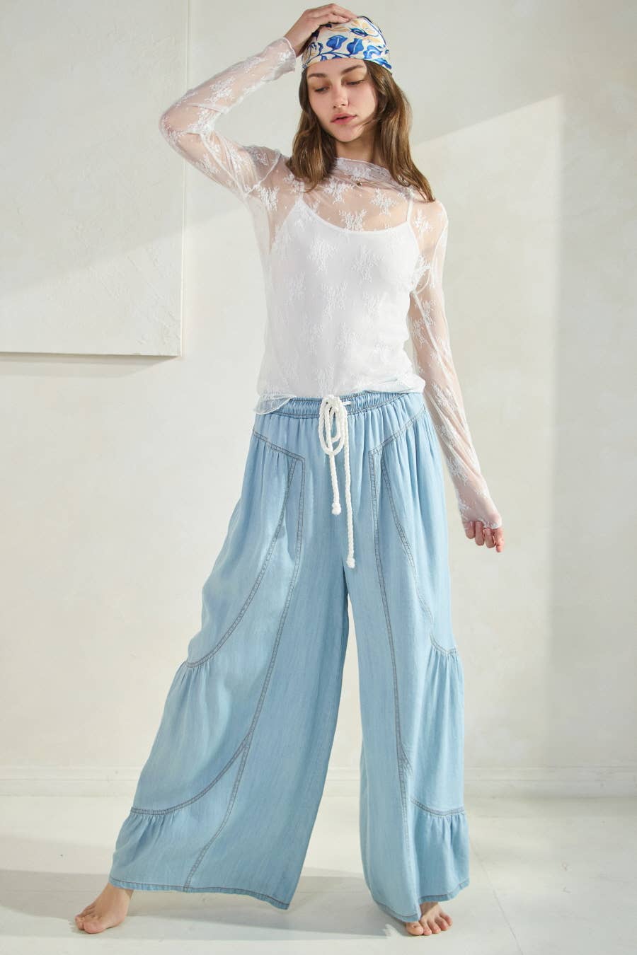 Chambray Denim Wide Palazzo Pants: Washed Dark Chambray / S