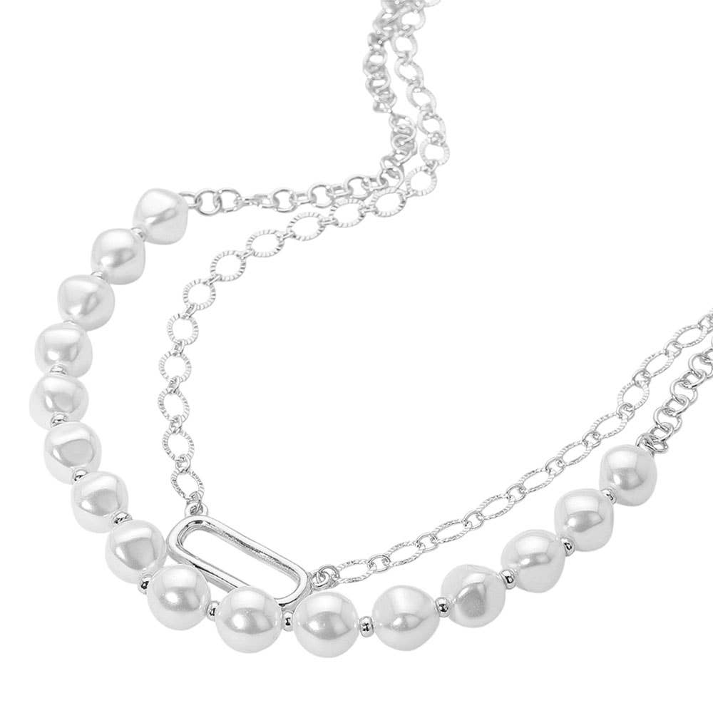 Pearl Chain Link Layered Necklace: Cream,Gold