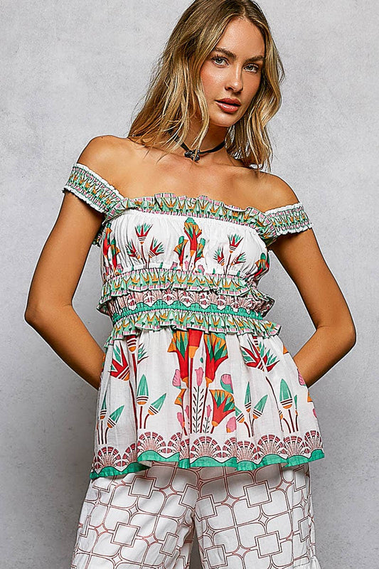Square Neck Sleeveless Printed Ruffle Dress Woven Top