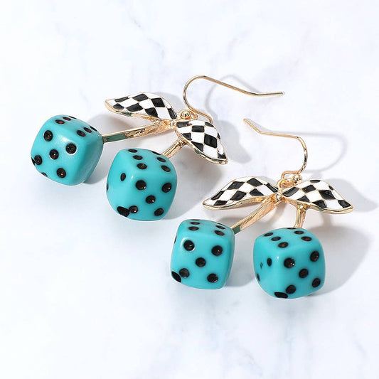 Enamel Retro Checkered Leaf Cherry Dice Dangle Earrings: Gold,Turquoise