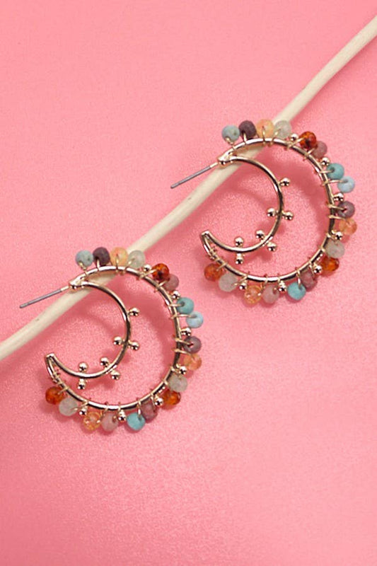 MULTI BEADED STONE HOOP EARRINGS | 80E5007: Gold