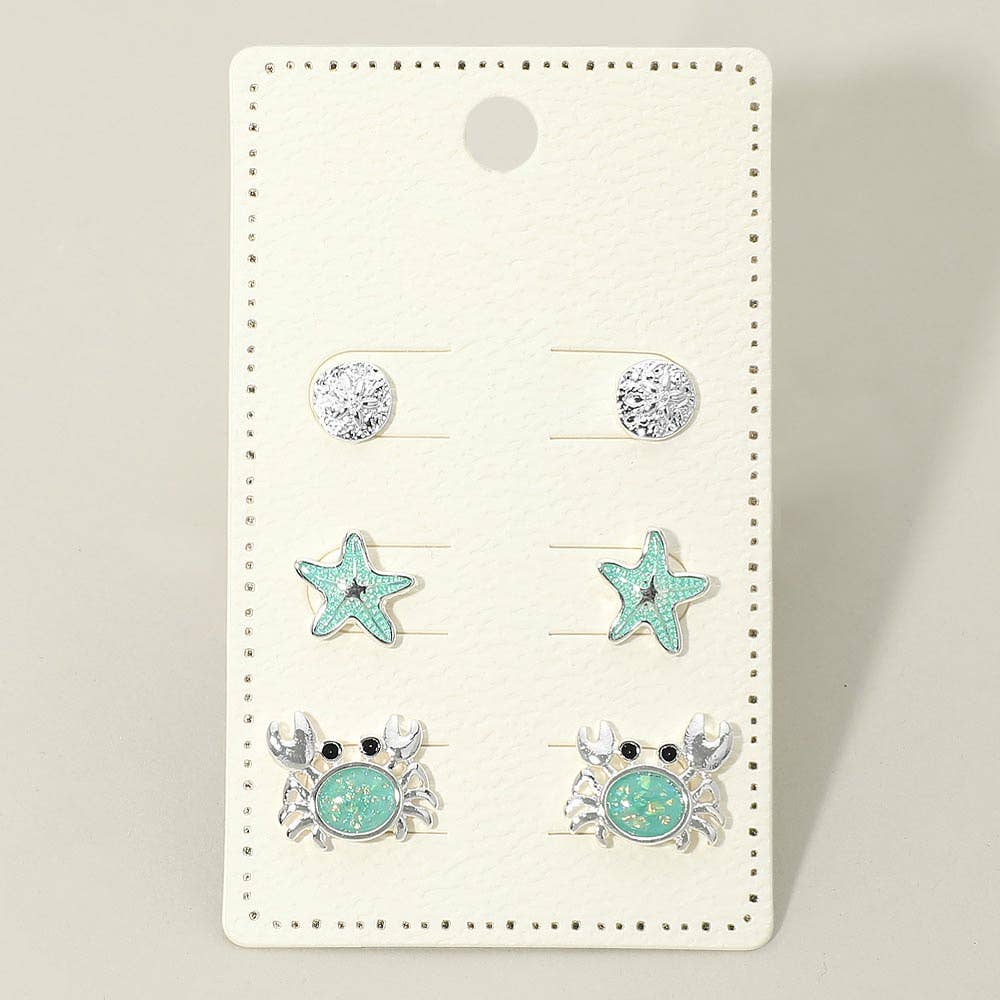 J2. 3Pairs - Ocean Theme Sand Dollar Starfish Crab Stud Earring Set