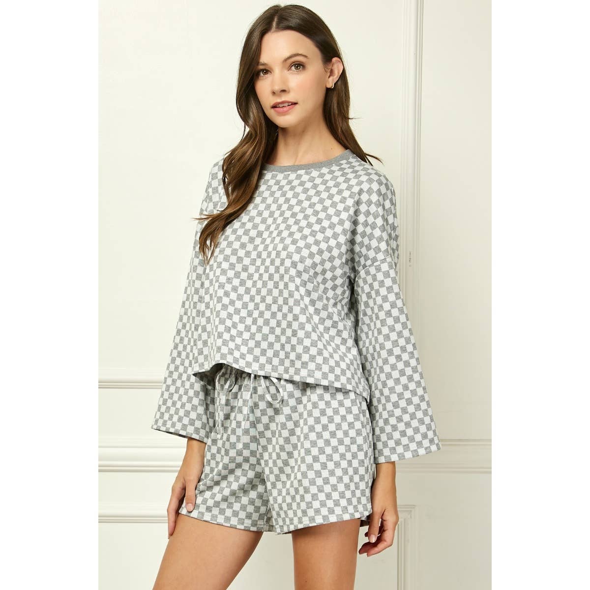 Checker Jersey Long Sleeve Top : Brown / S