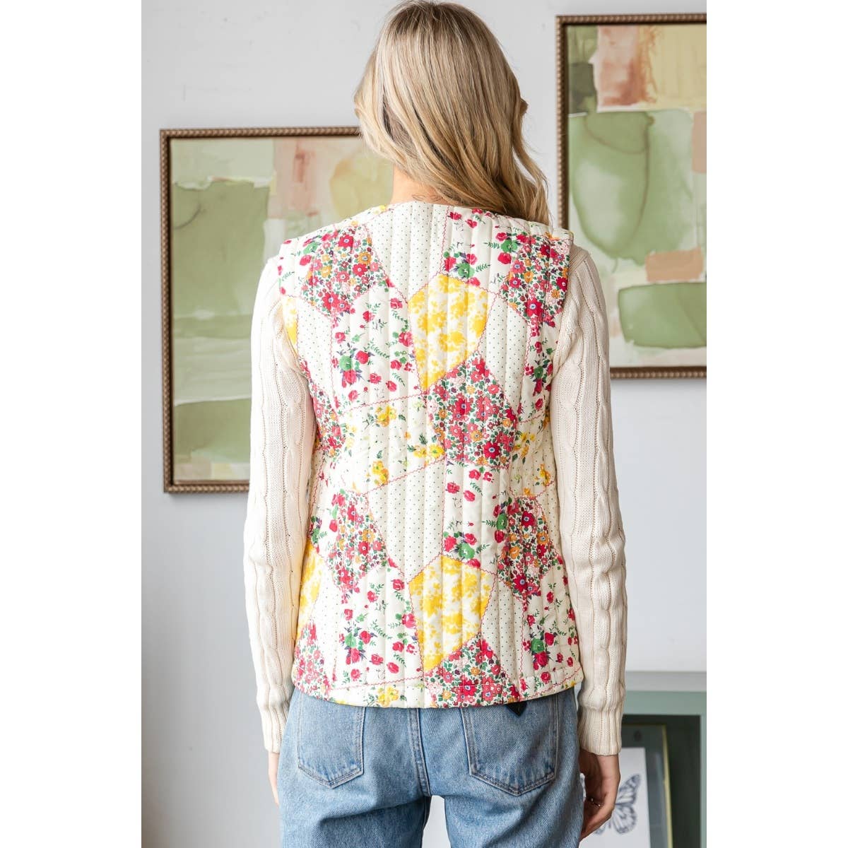 Multi Flower Quilted Vest with Front Ribbon