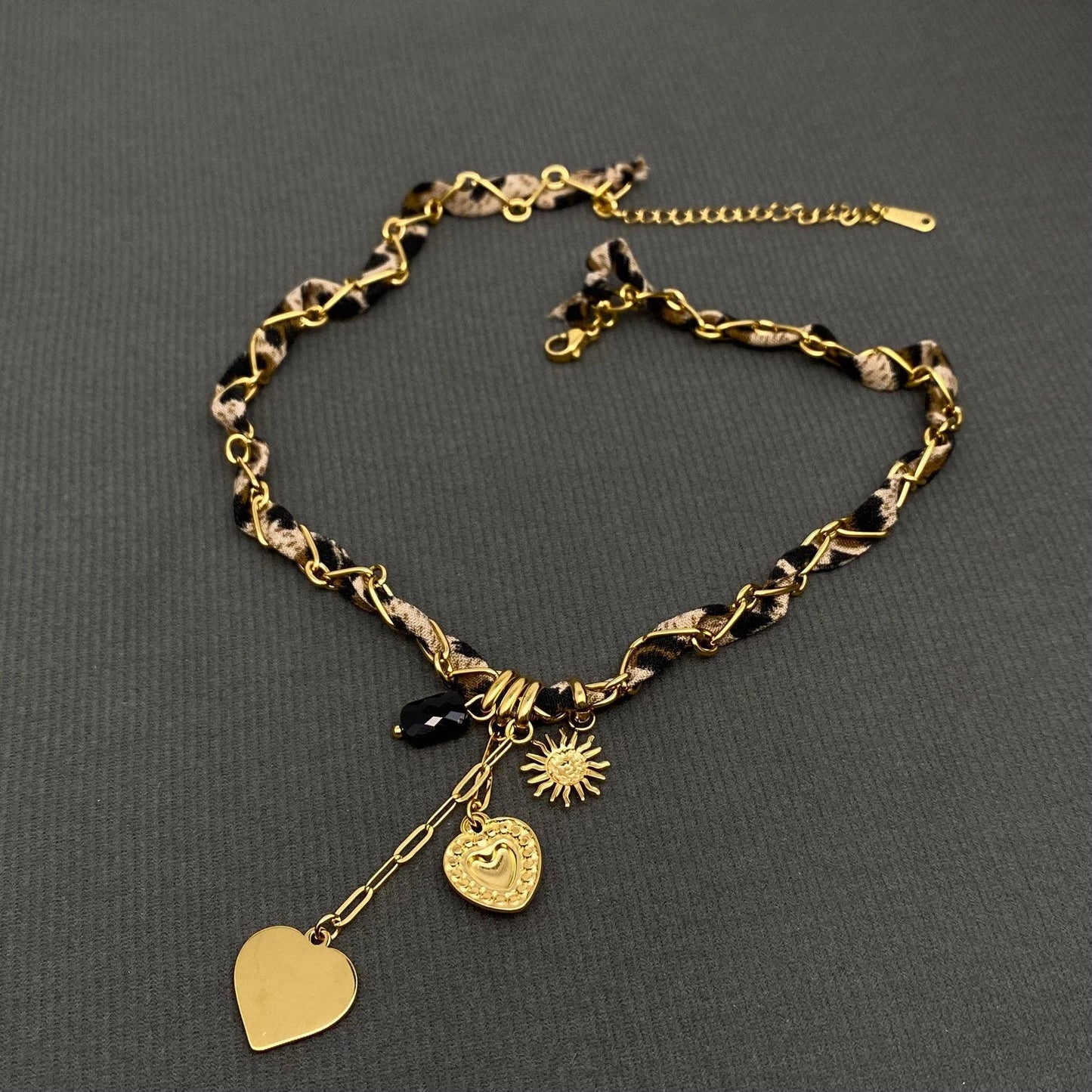 18K Gold Plated SS Heart Charm  Leopard Scarf Necklace - FGS