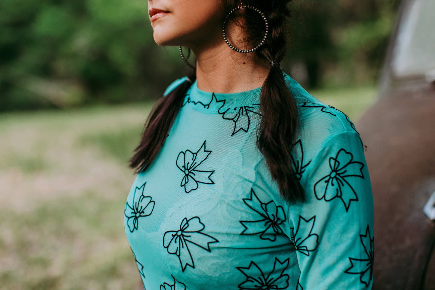 MK514 3D Bow LS Mesh Top: Turquoise / L