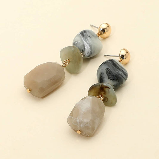 Geometric Chunky Marbled Resin Pebble Drop Earrings: Gray