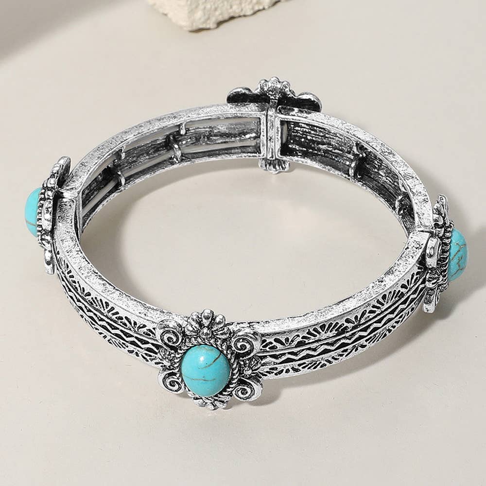 Western Oval Turquoise Stone Antique Metal Stretch Bracelet