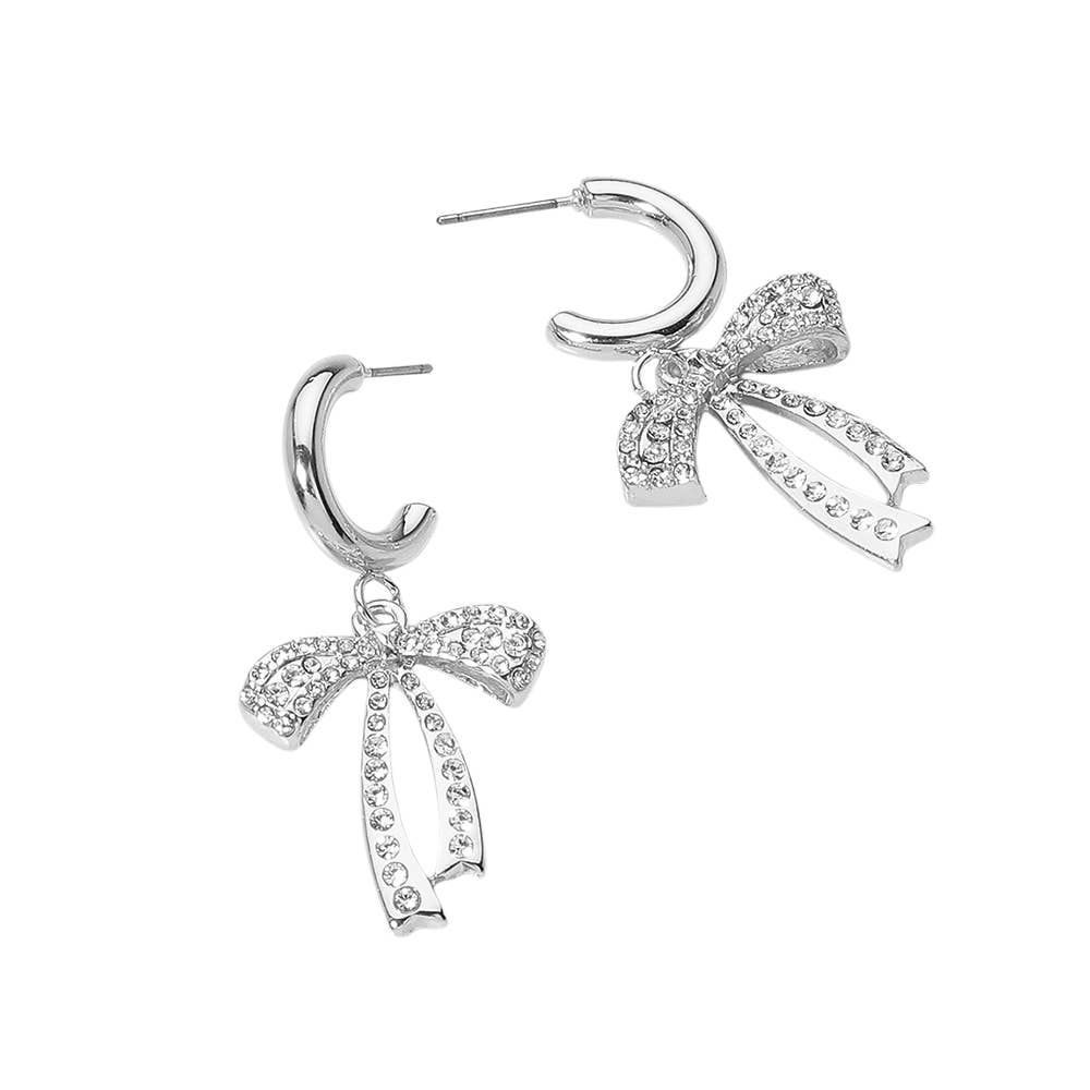 Stone Paved Metal Bow Dangle Mini Hoop Earrings: Silver