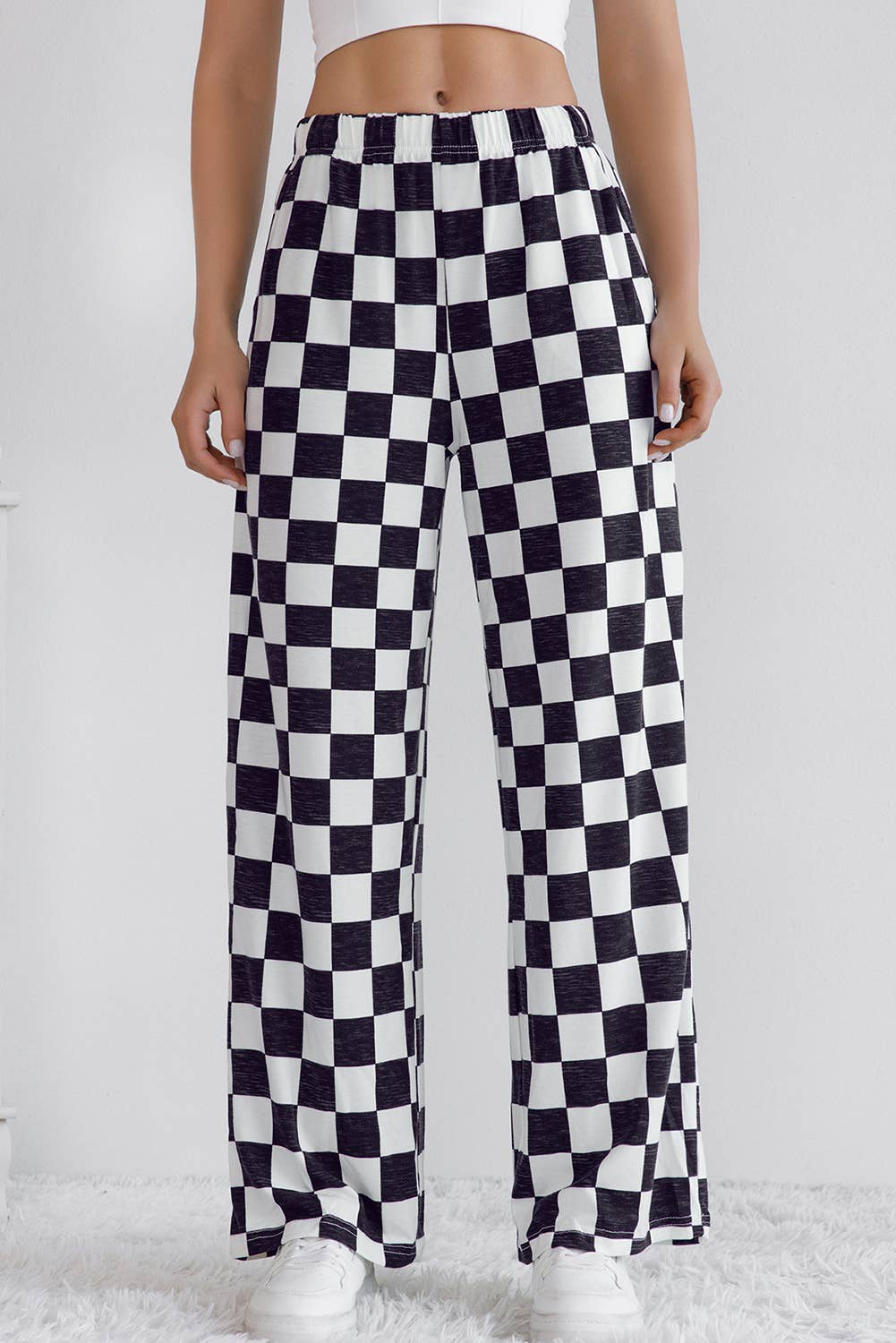 LA SOCIETY Checkered Print High Waist Wide Leg Pants Bottoms