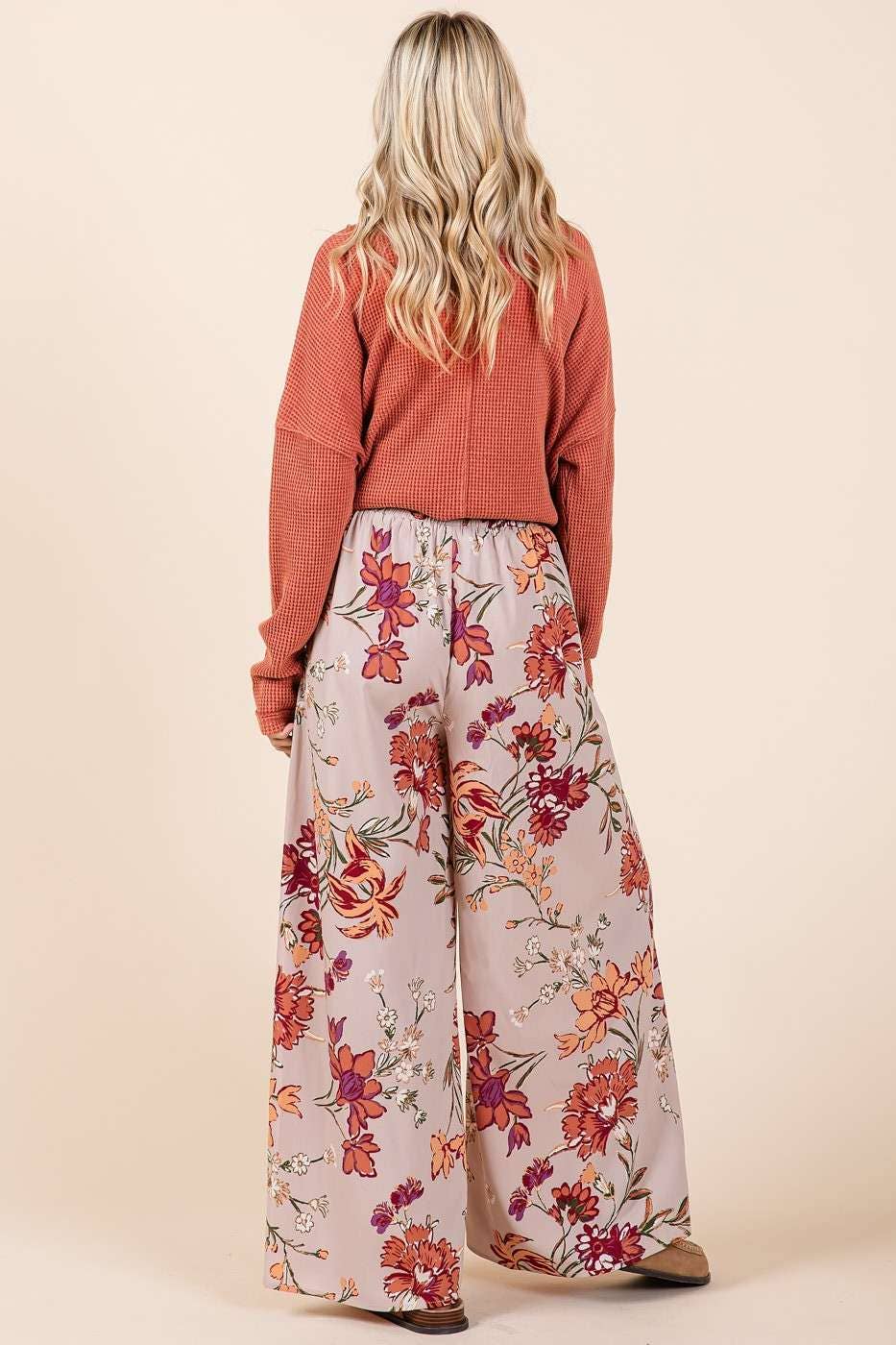 FLOWER PRINT ELASTIC WAIST MID RISE WIDE LEG PANTS