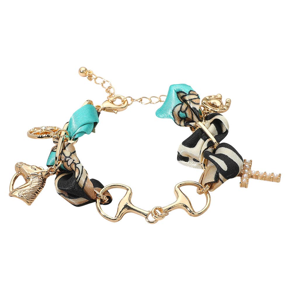 Horsebit Link Center Horse Horseshoe Pearl Cross Starburst Charm Station Fabric Bracelet: Gold,Turquoise