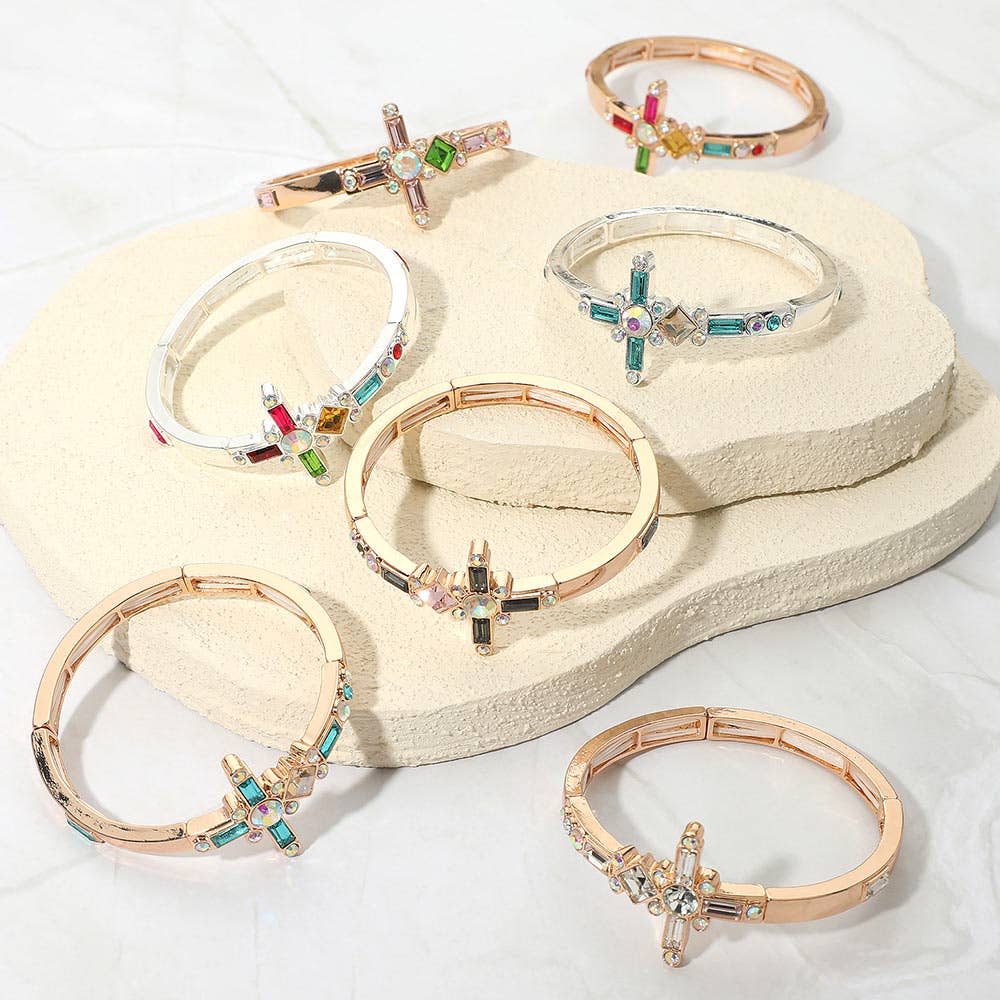 Mixed Stone Cross Accent Stretch Bracelet