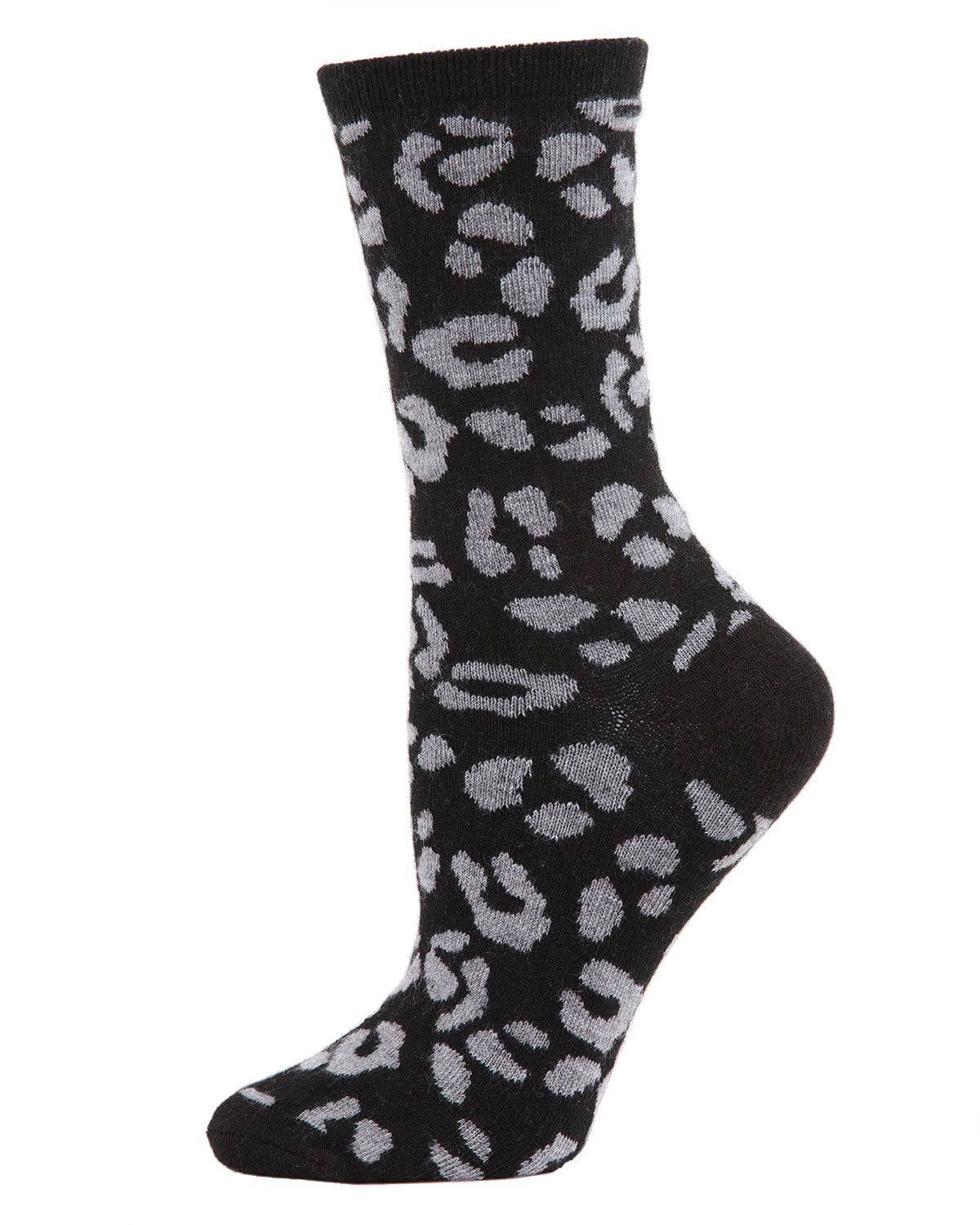 MeMoi Leopard Animal Print Cashmere Blend Crew Socks: Hemp Heather / 9-11