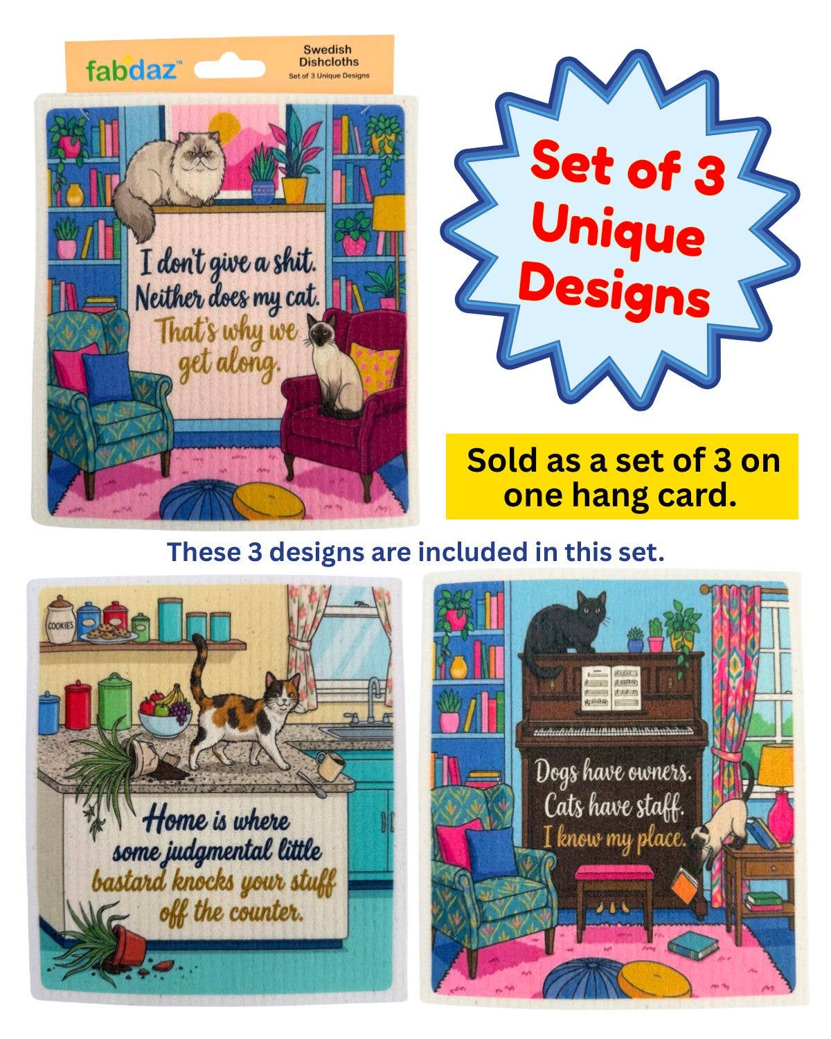 Sassy Cats - Set of 3 - Swedish Dishcloths
