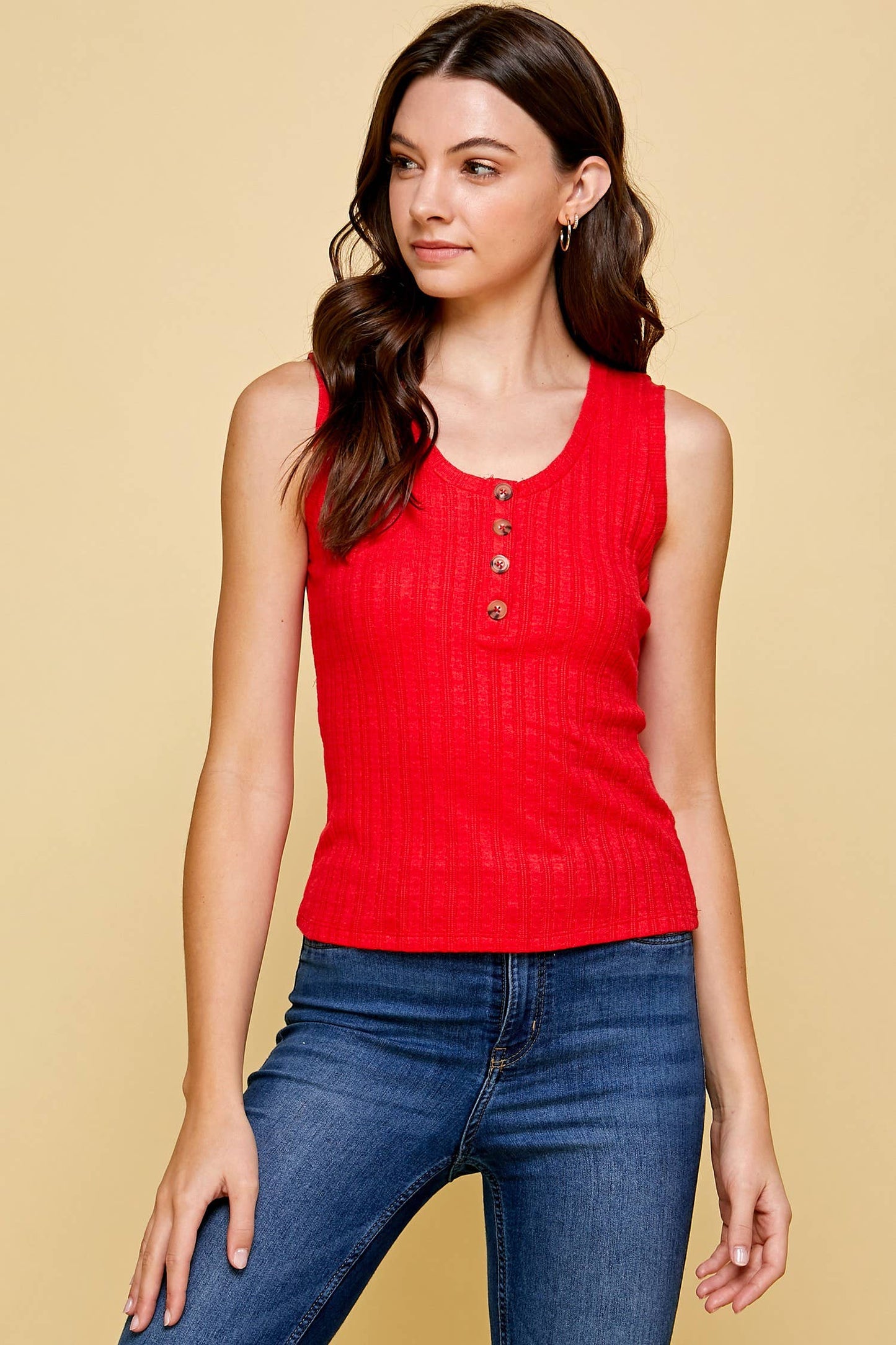 MIXED KNIT TANK TOP WITH BUTTON CLOSURE DETAIL