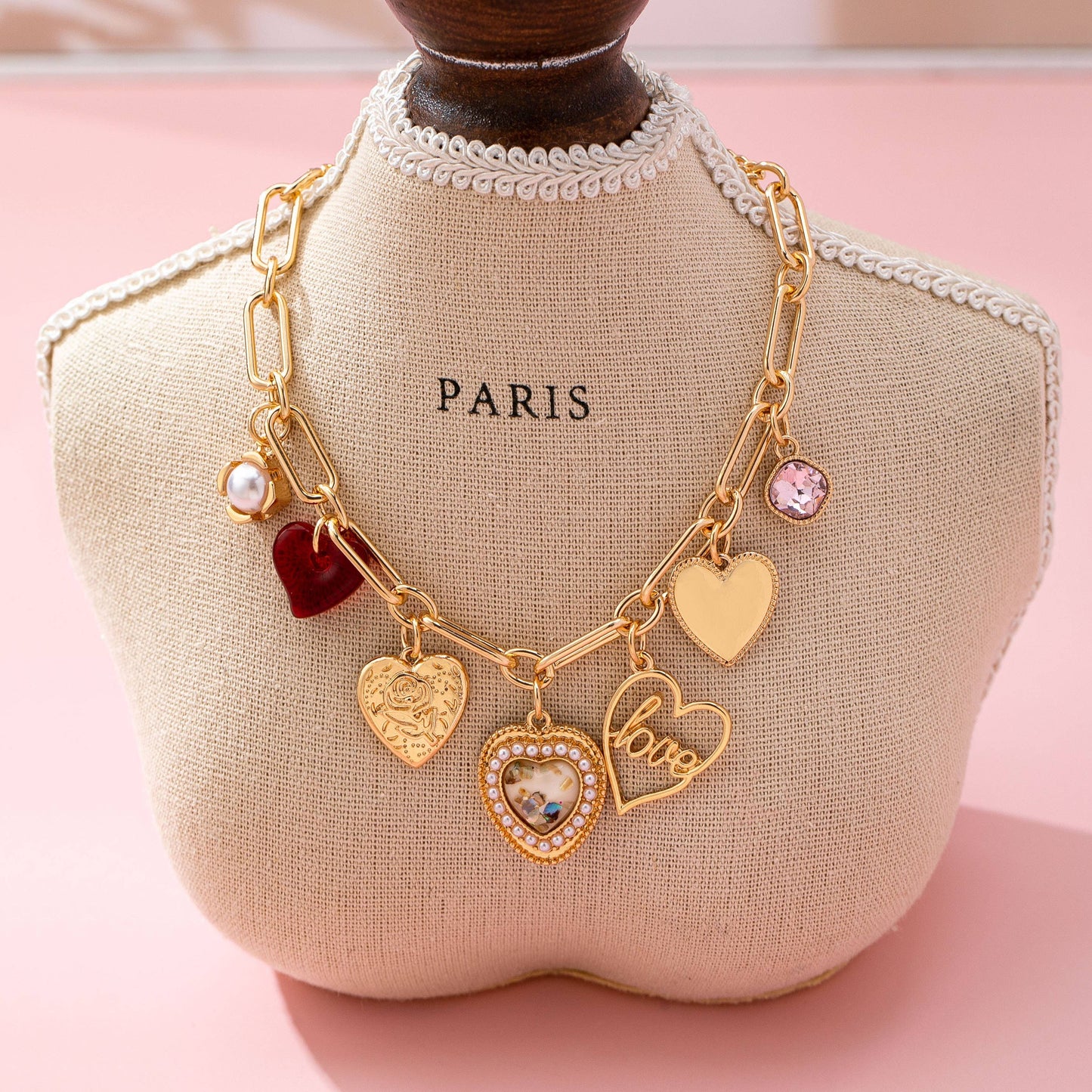CHARM NECKLACE-PORCELAIN HEART RHINESTONE PEARL | 80N92696