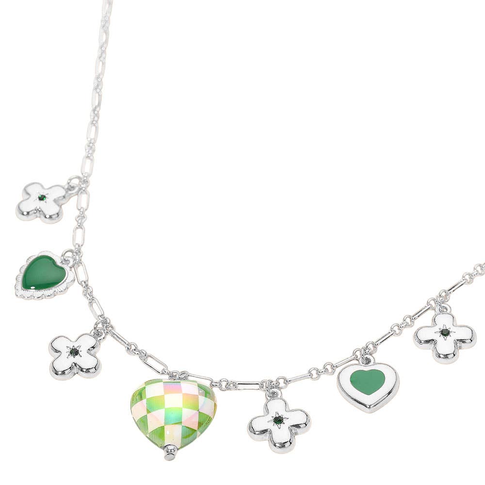 Heart Flower Motif Charm Station Necklace