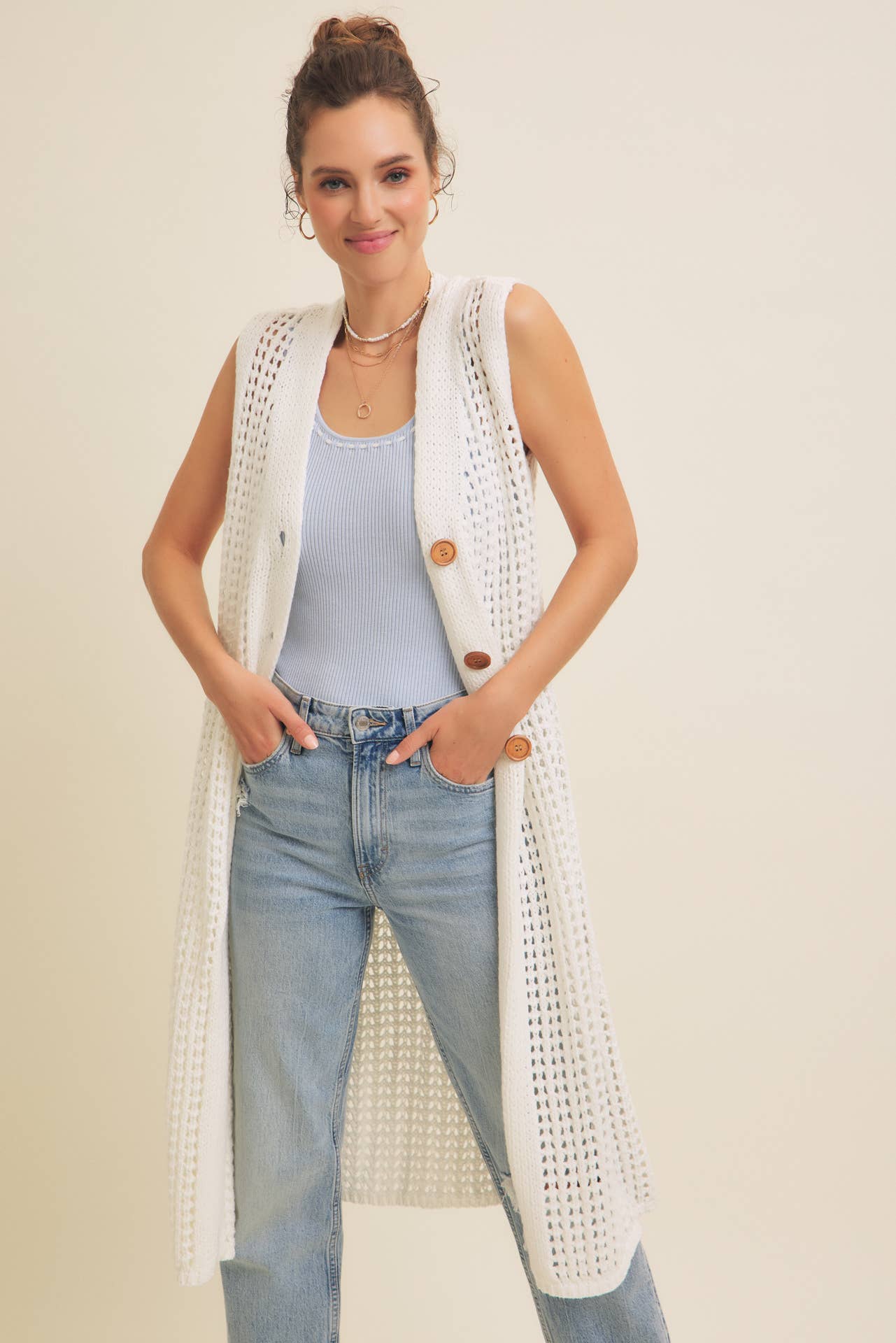 BUTTON-DOWN OPEN KNIT SLEEVELESS MIDI SWEATER CARDIGAN