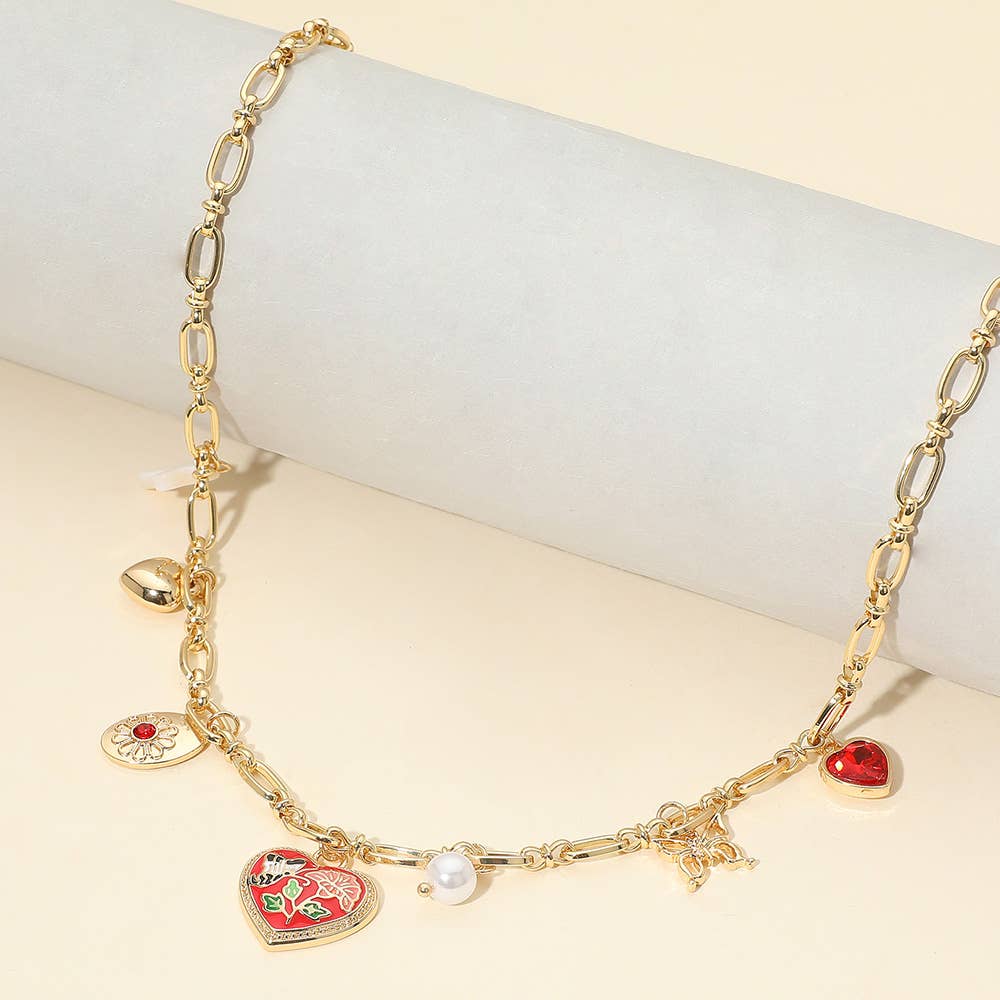 Butterfly Flower Enamel Detailed Heart Pendant Charm Station Necklace: Black,Gold