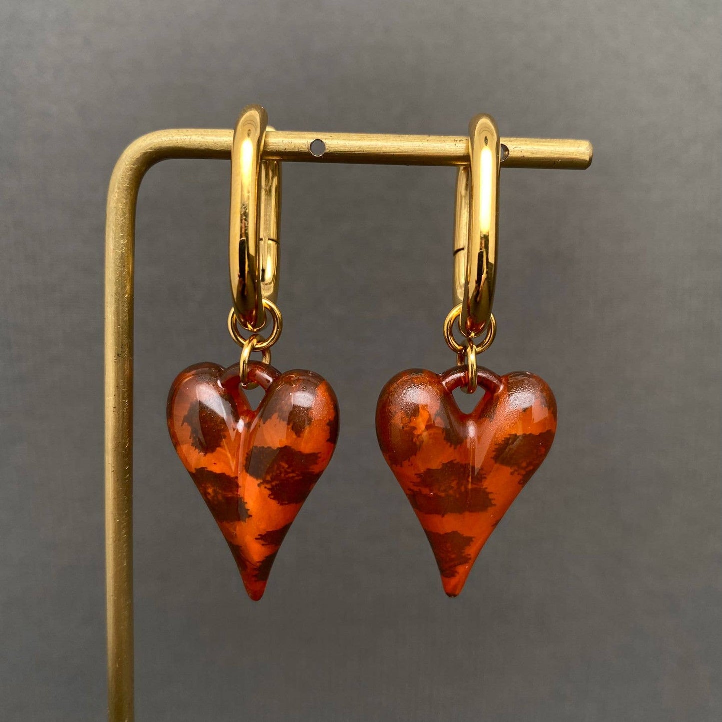 Acrylic Leopard Heart 18K Gold Plated SS Huggie Earrings - FGS