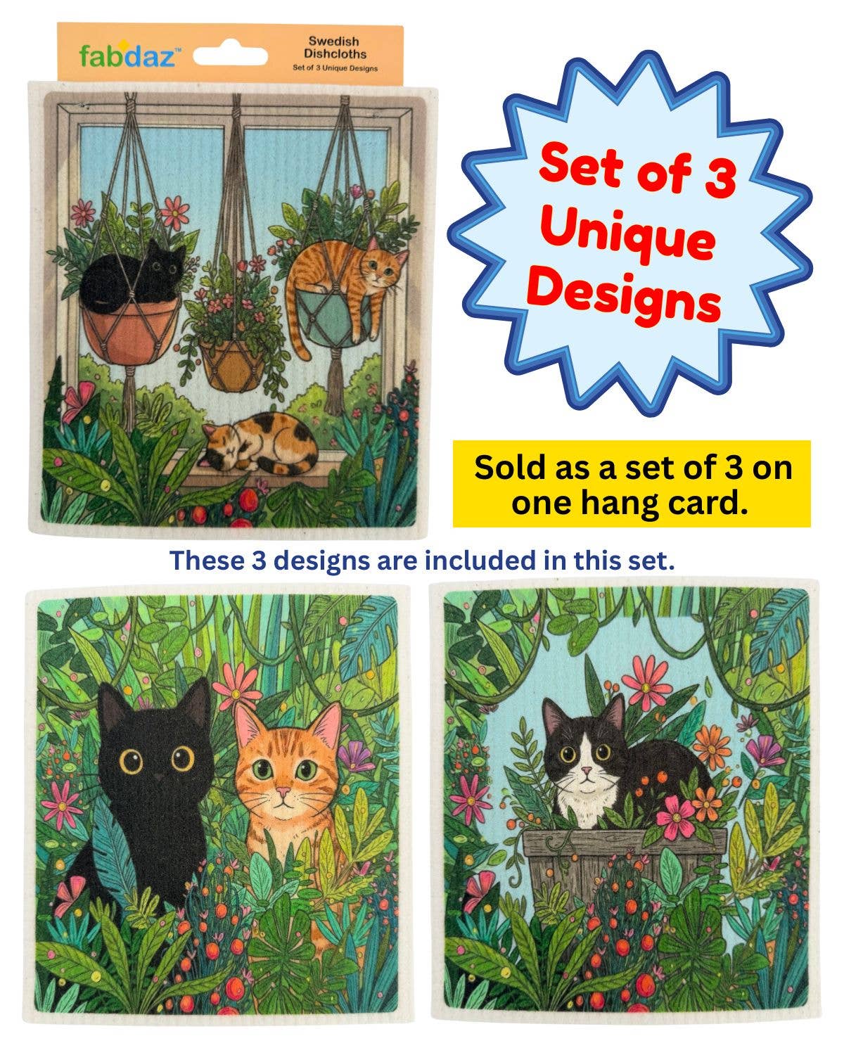 Cats with Plants - Set of 3 - Swedish Dishcloths