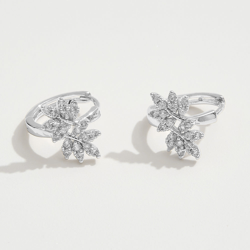 14K Gold Dipped CZ Stone Paved Leaves Mini Huggie Hoop Earrings