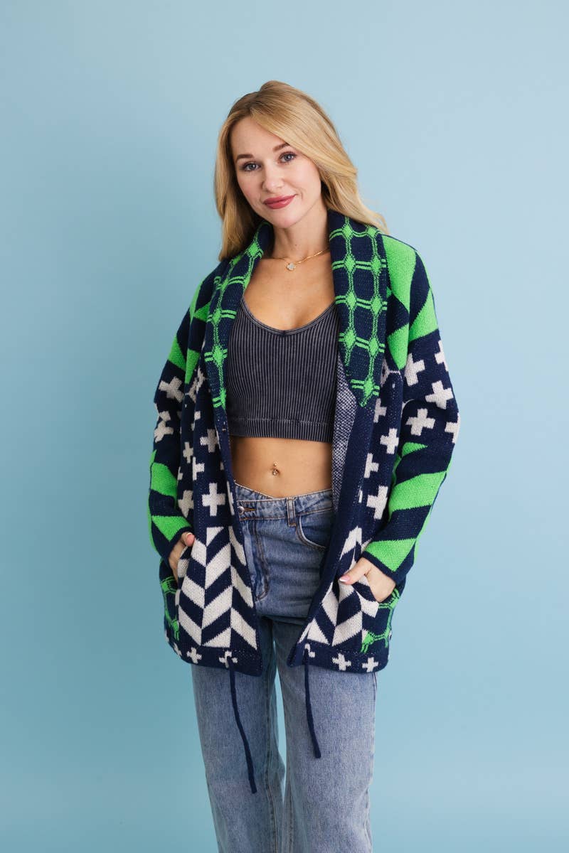 Sierra Spirit Geometric Street Style Knit Cardigan: Black