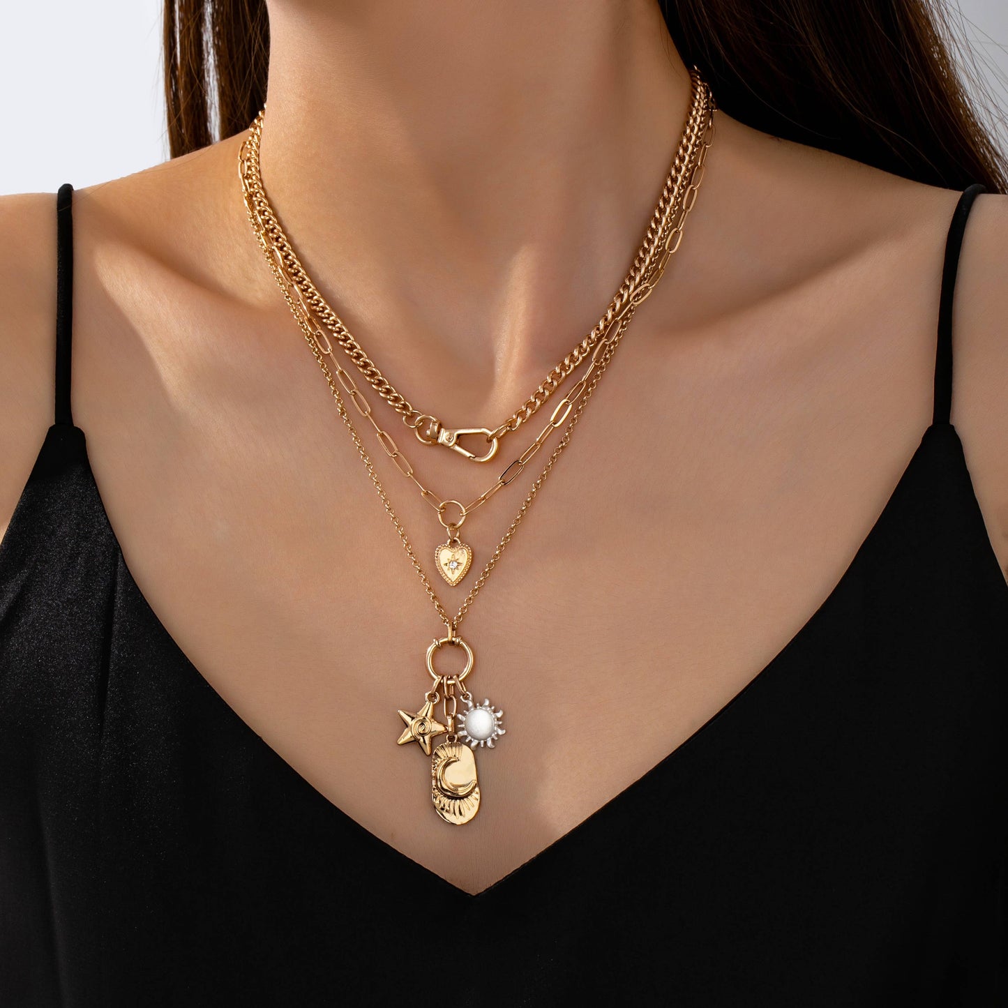 J26. MULTI LAYER CELESTIAL STAR MOON CHARM NECKLACE